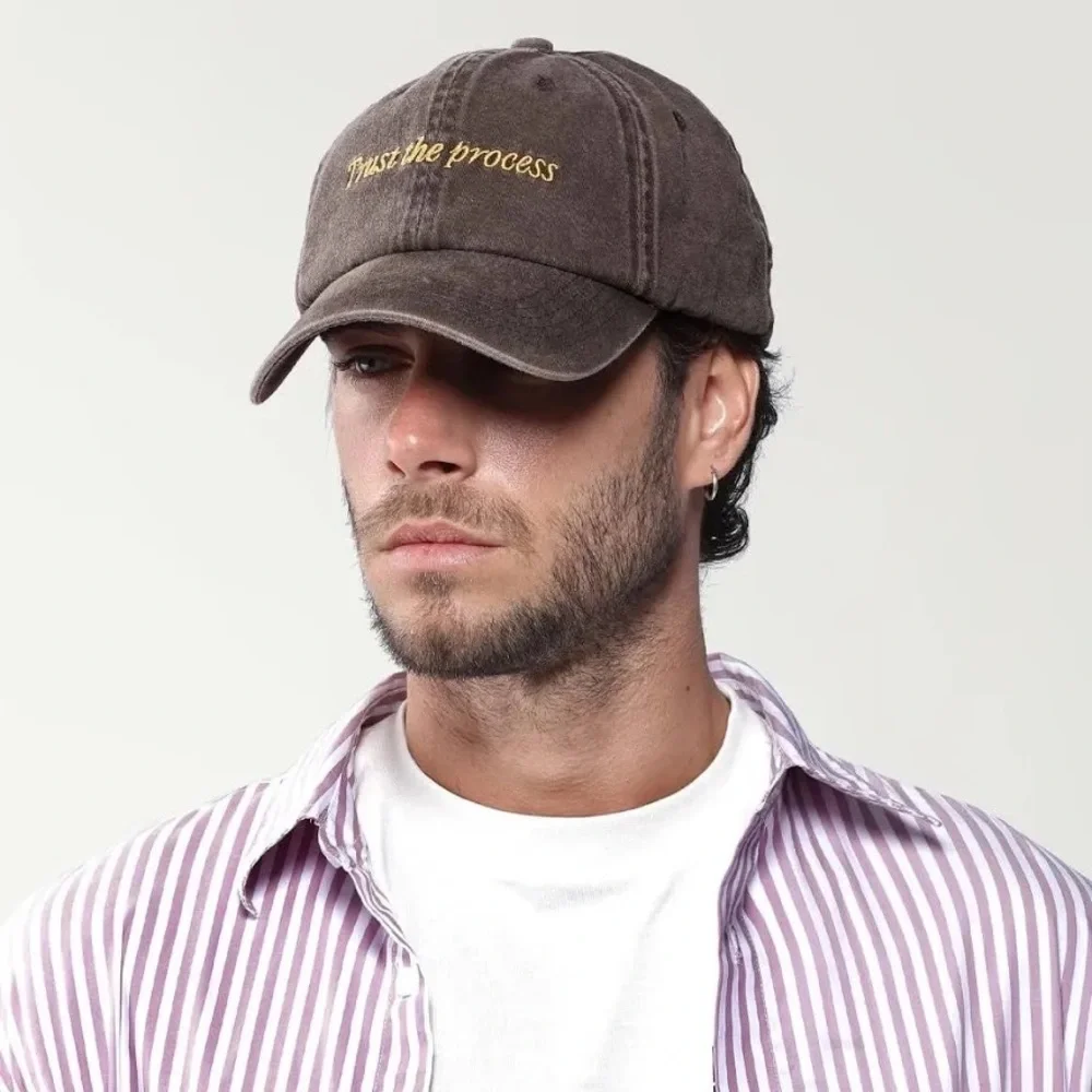 Active After Coffee Embroidered 'Trust the process' Adj Cap in Brushed Grey
